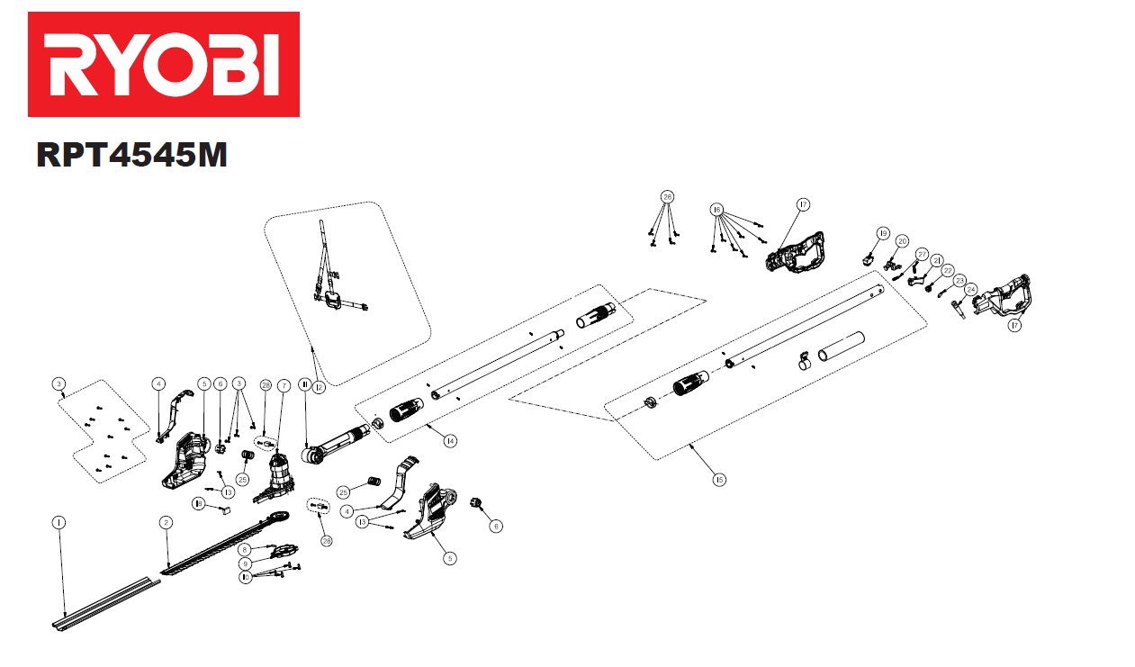 zamienne do do żywopłotu RPT4545E Ryobi. Wysyłka części z naszego magazynu.